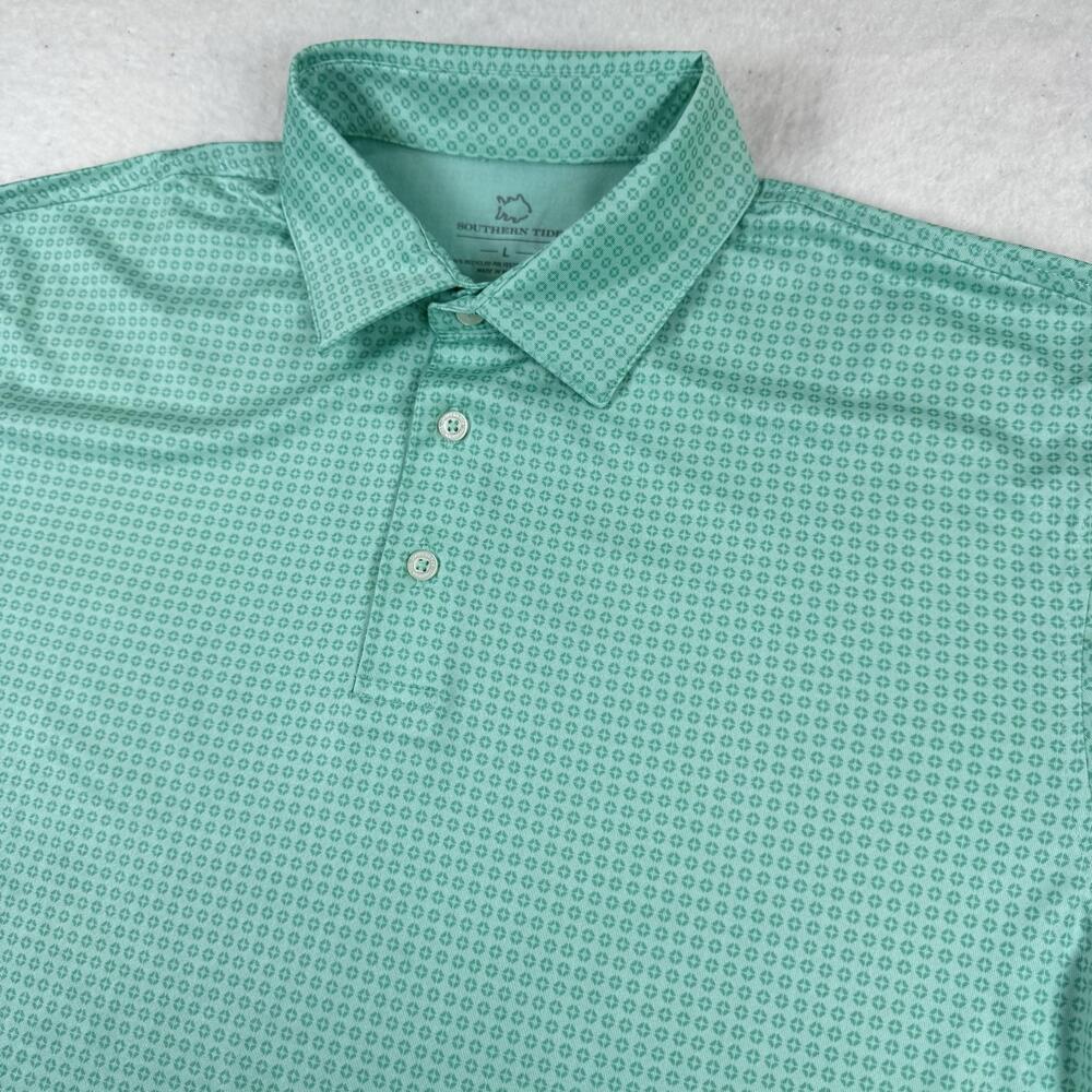 Southern Tide Polo Shirt Mens Size L Green Geometric Golf Stretch Performance